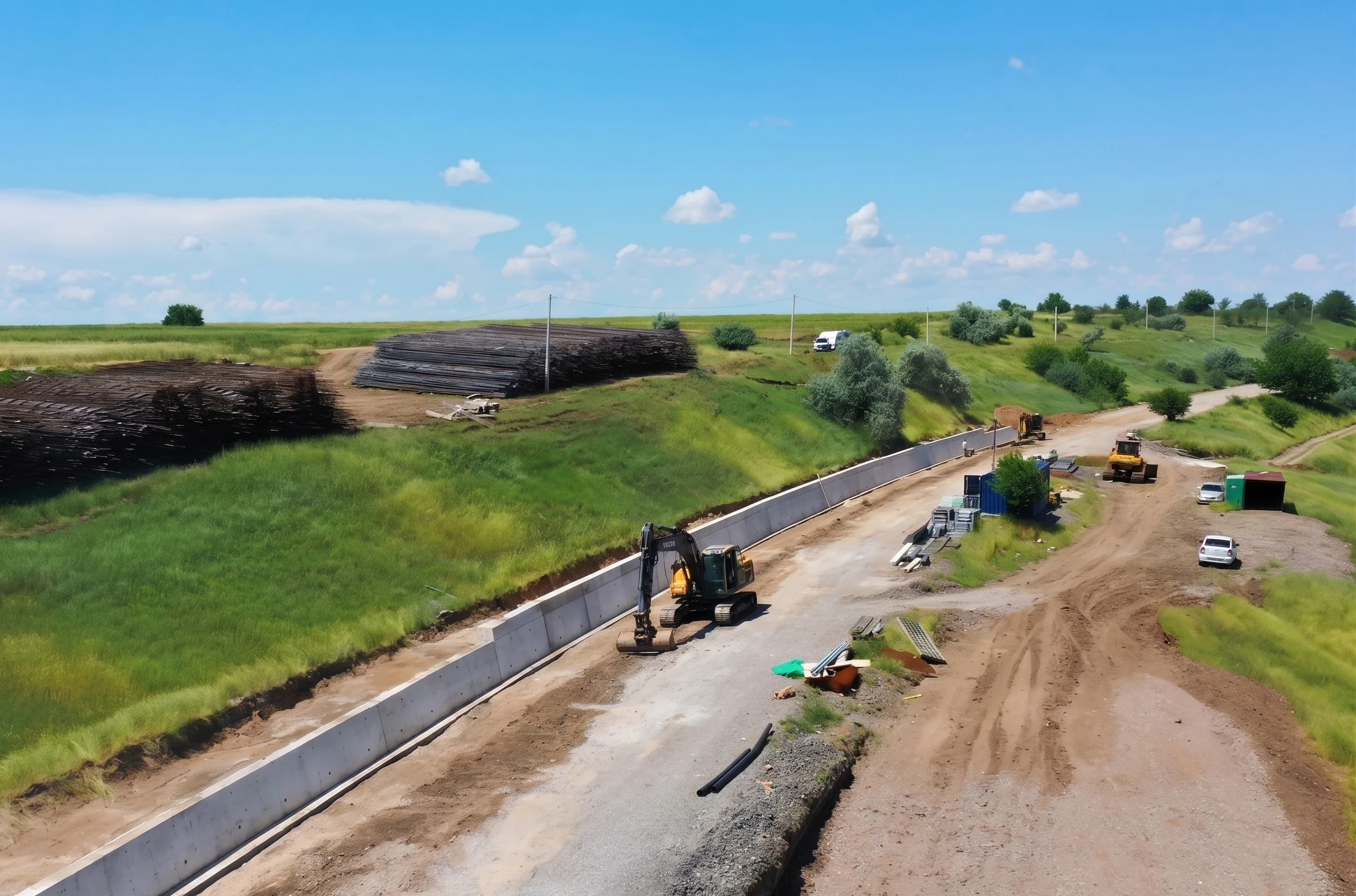 Șantier feroviar &icirc;n zonă rurală, cu excavator și utilaje de construcții care lucrează la terasamente